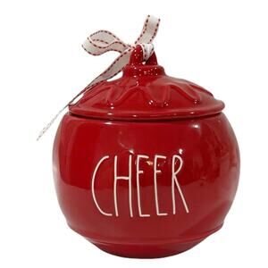New Rae Dunn Red Baby “Cheer" Christmas Tabletop Ornament Canister Jar Ball 5.5”
